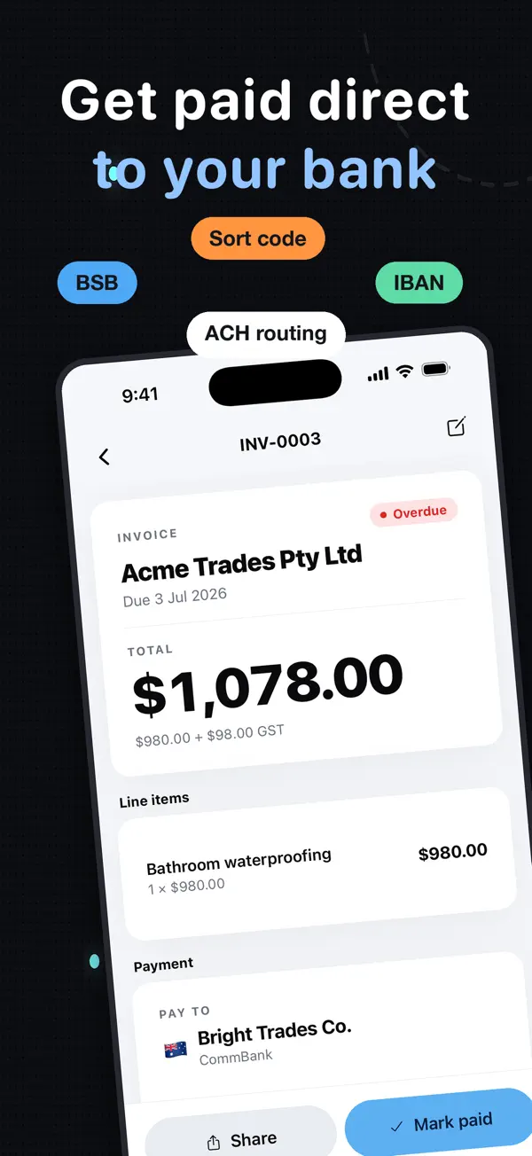 InvoiceSonic iPhone app — get paid by bank transfer, PayID, Venmo or Zelle with no fees