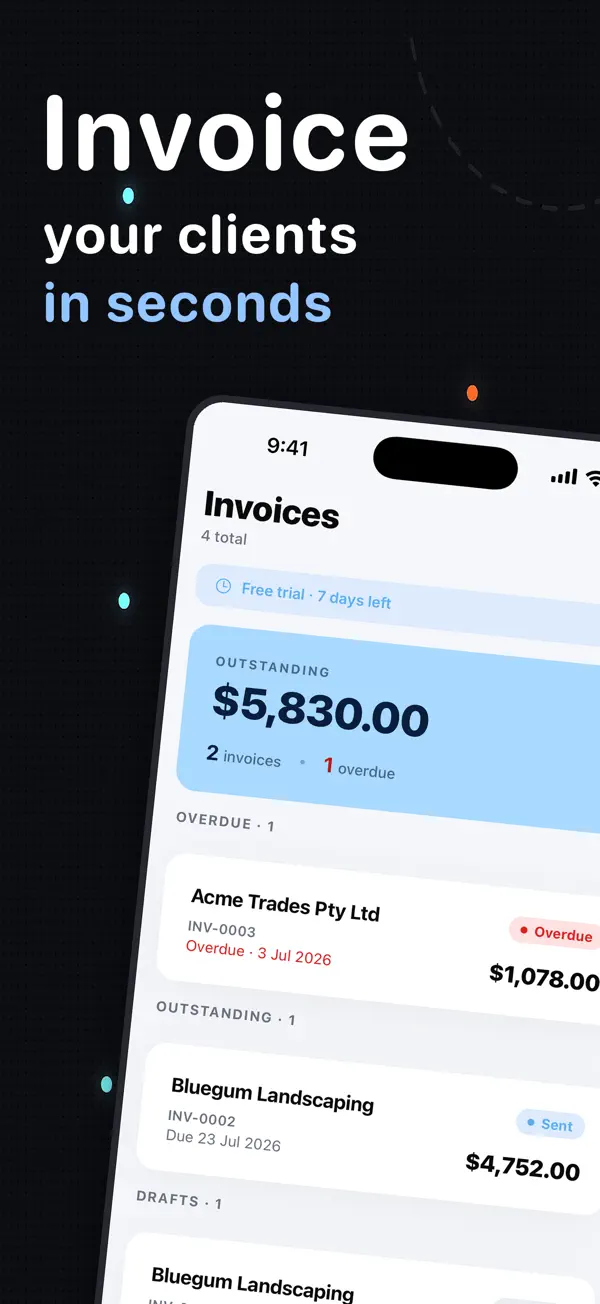 InvoiceSonic iPhone app — invoice list with paid, sent and overdue statuses