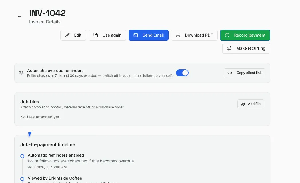 InvoiceSonic invoice detail view with send, PDF download, payment recording and activity timeline