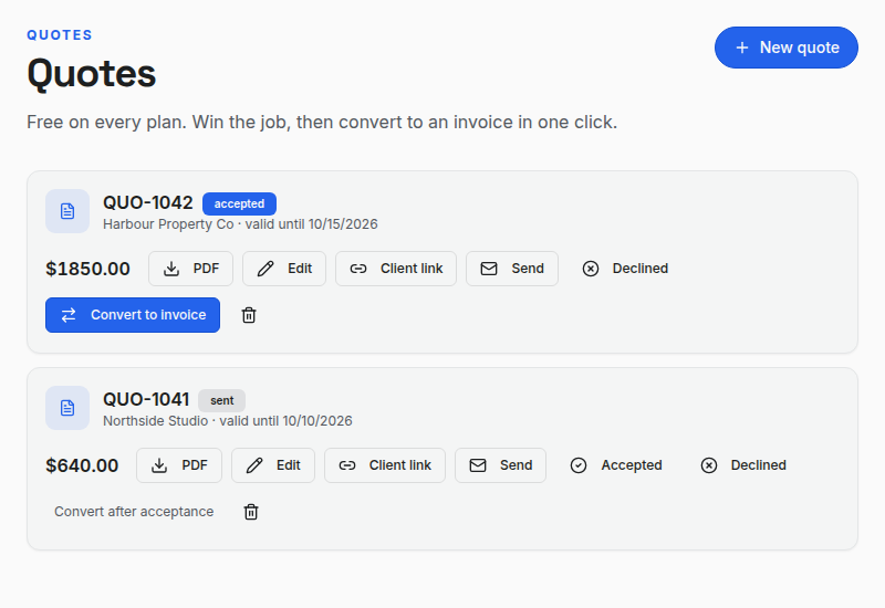 InvoiceSonic Quotes list showing a fictional accepted quote and its Convert to invoice action