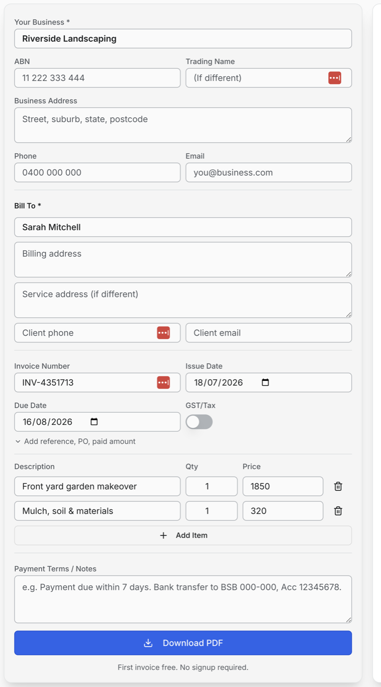 InvoiceSonic invoice builder — business and client detail fields