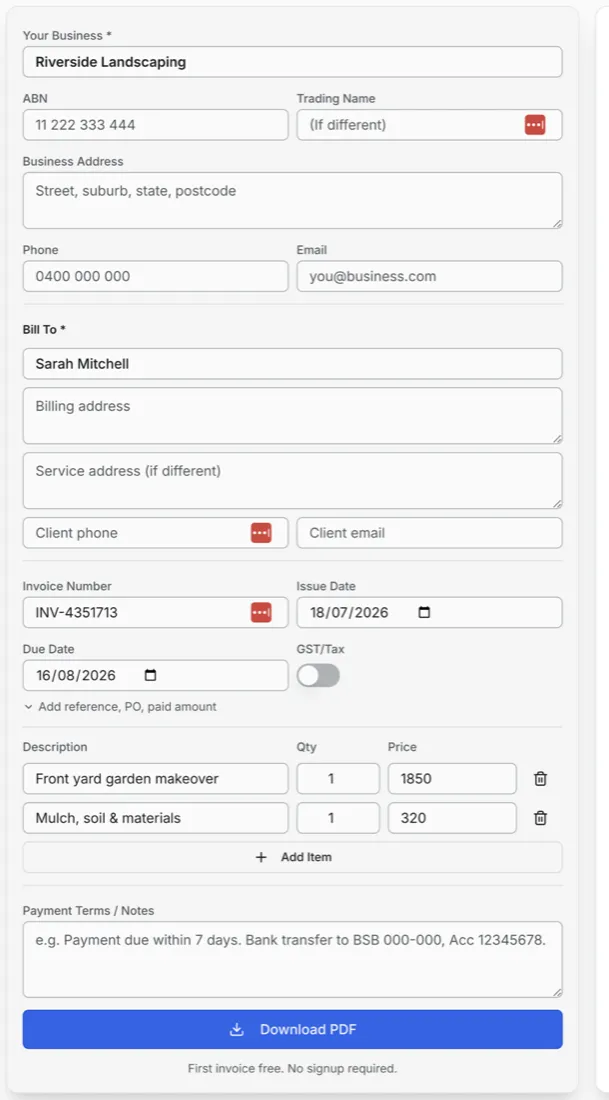 InvoiceSonic invoice builder — business and client detail fields
