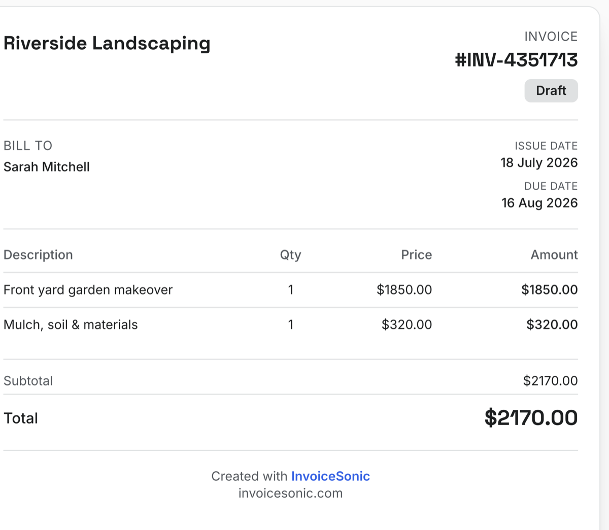 Live invoice preview with itemised lines and automatic totals
