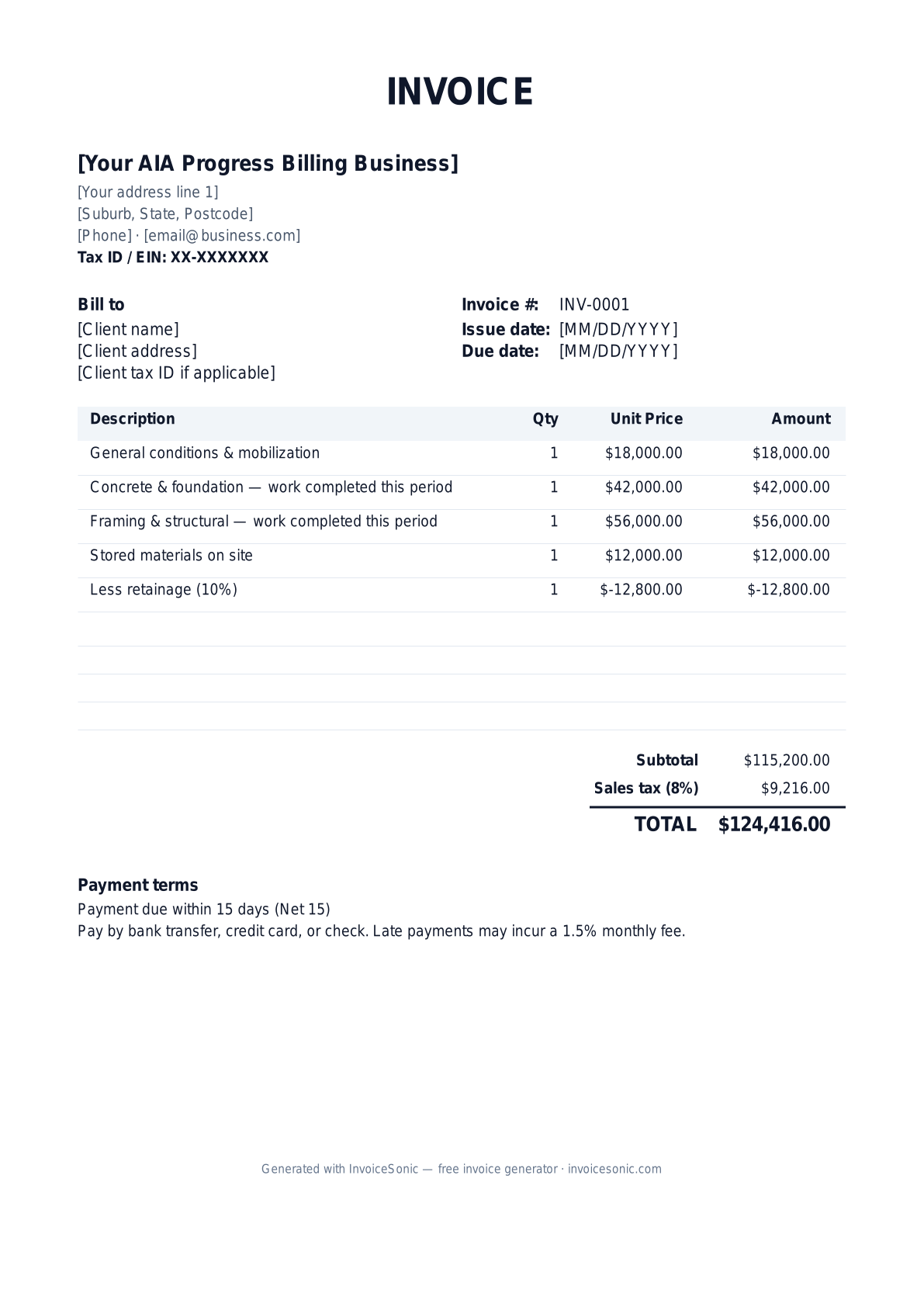 AIA Progress Billing invoice template preview — free editable Word, Excel and PDF
