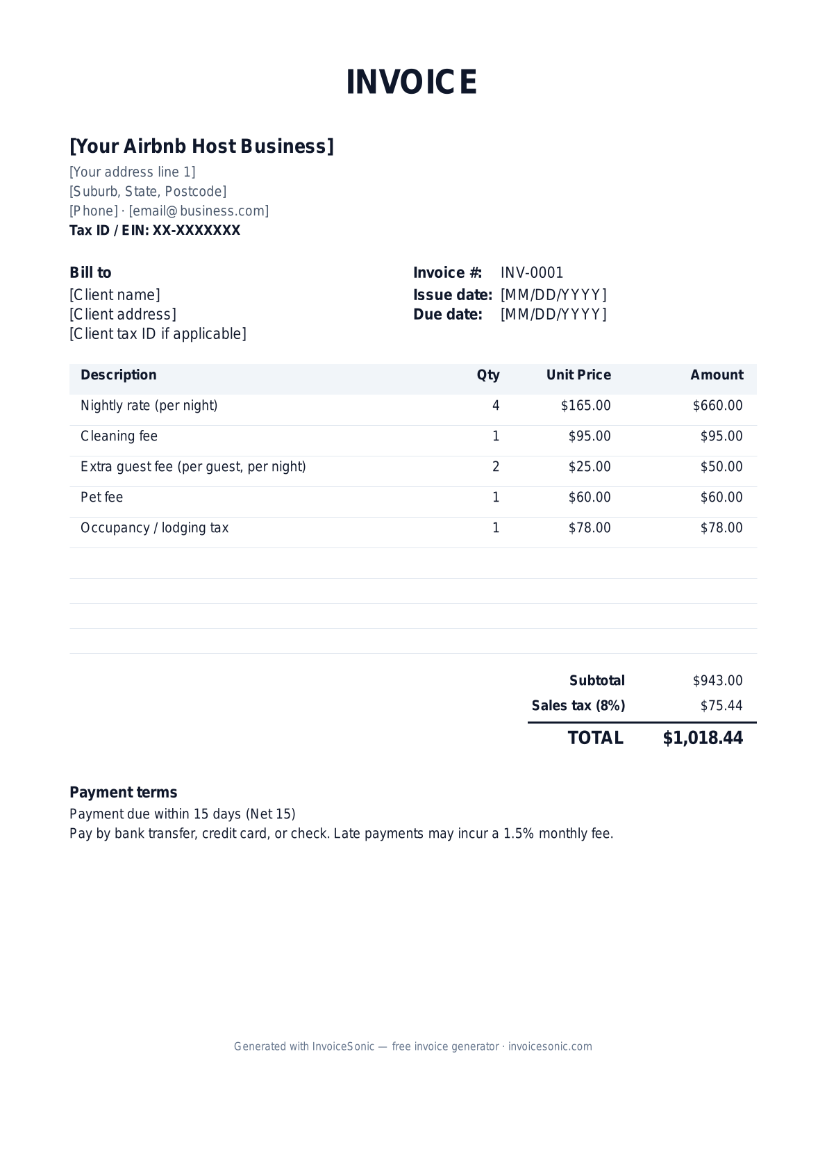 Airbnb Host invoice template preview — free editable Word, Excel and PDF