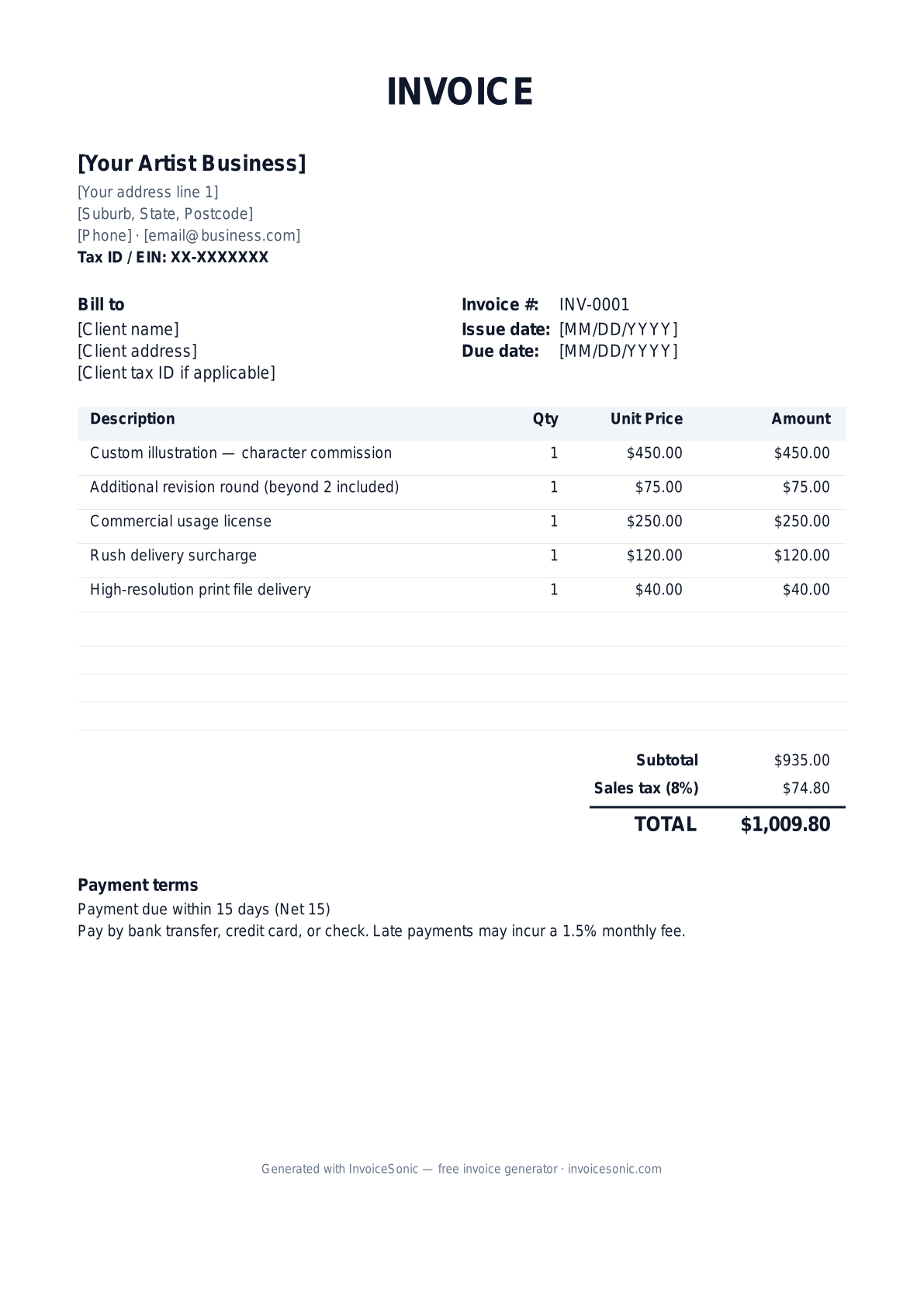 Artist invoice template preview — free editable Word, Excel and PDF