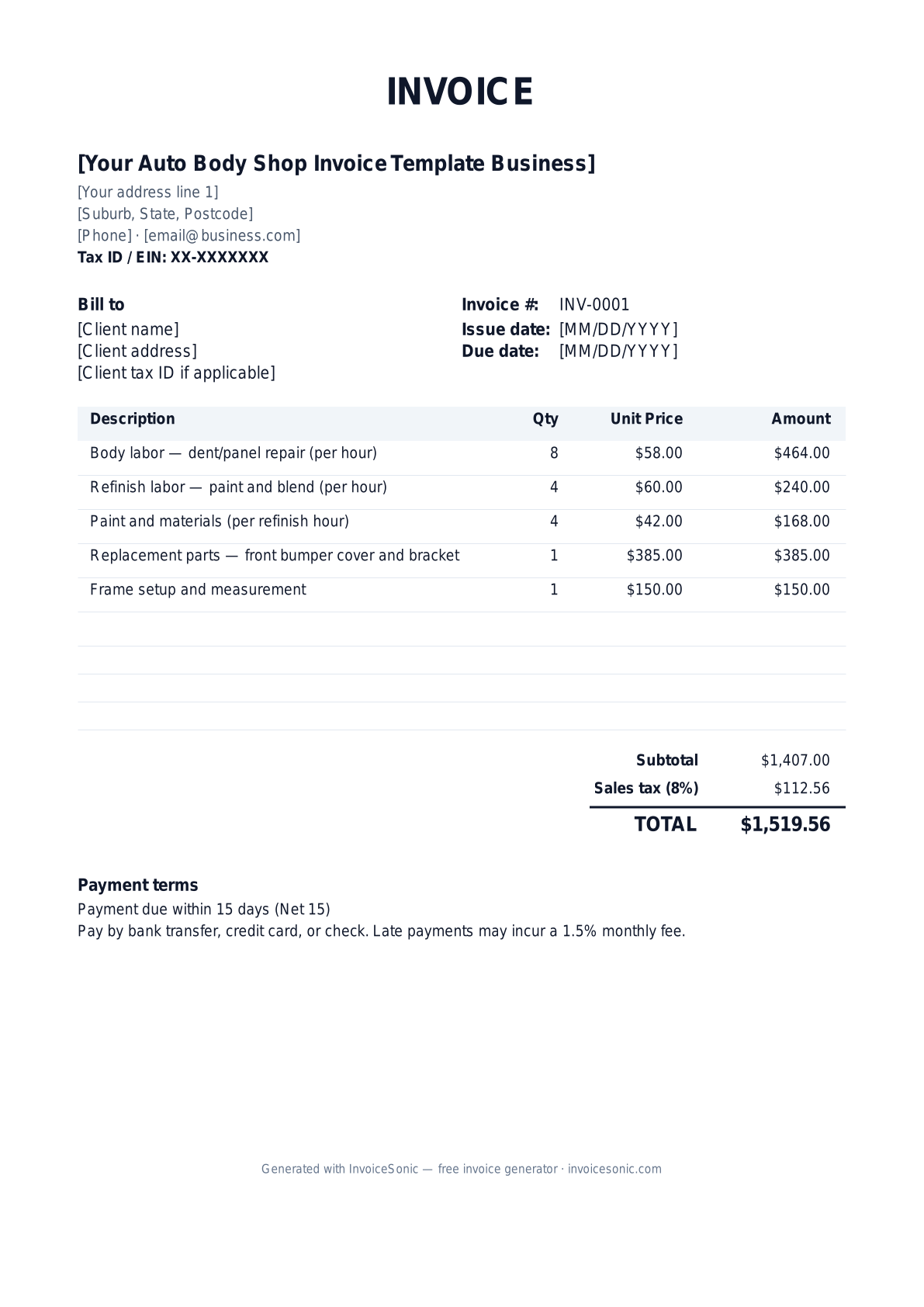 Auto Body Shop Invoice Template invoice template preview — free editable Word, Excel and PDF