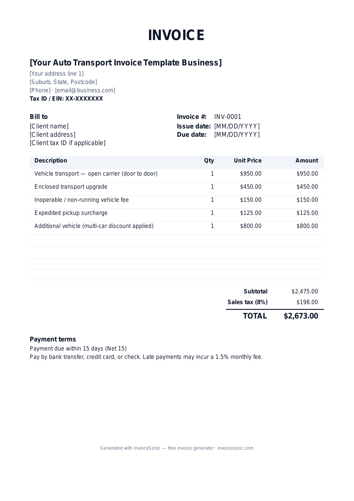 Auto Transport Invoice Template invoice template preview — free editable Word, Excel and PDF