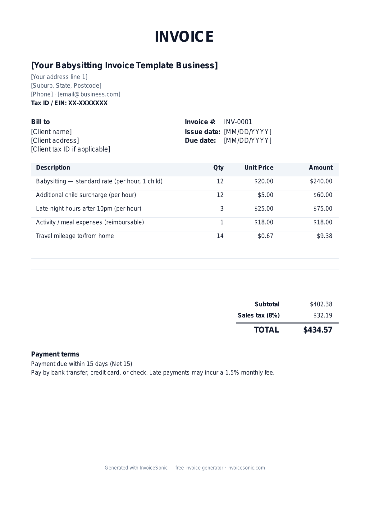 Babysitting Invoice Template invoice template preview — free editable Word, Excel and PDF