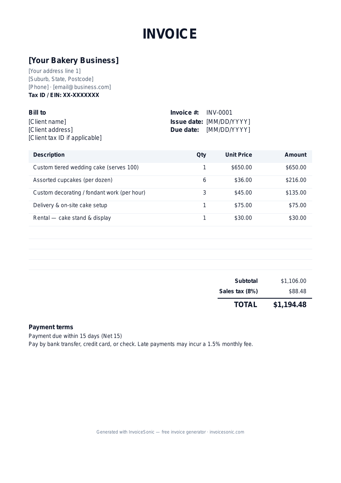 Bakery invoice template preview — free editable Word, Excel and PDF