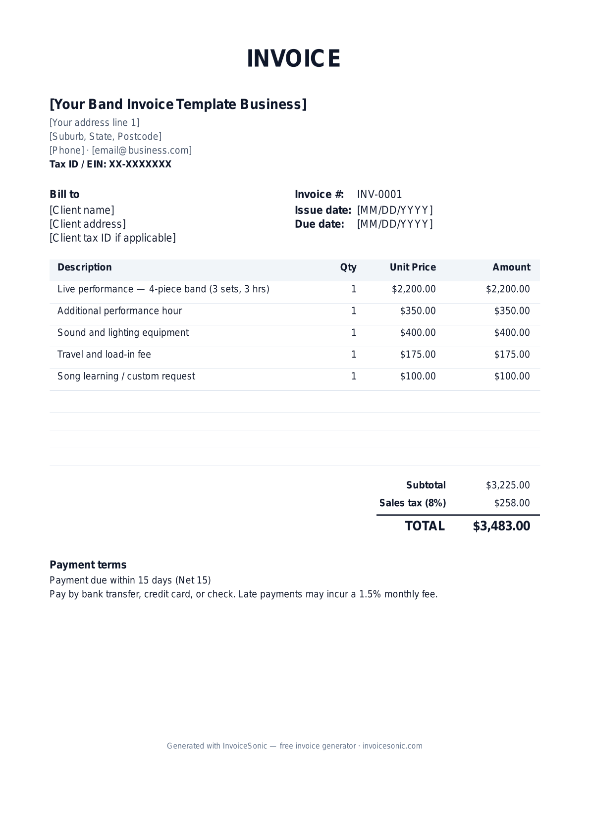 Band Invoice Template invoice template preview — free editable Word, Excel and PDF