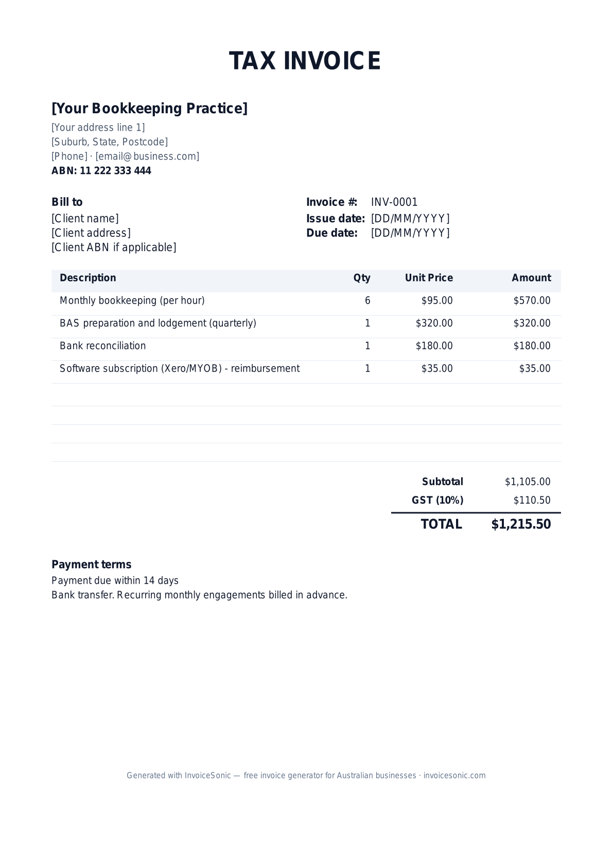 Bookkeeper invoice template preview — editable Word, Excel and PDF tax invoice