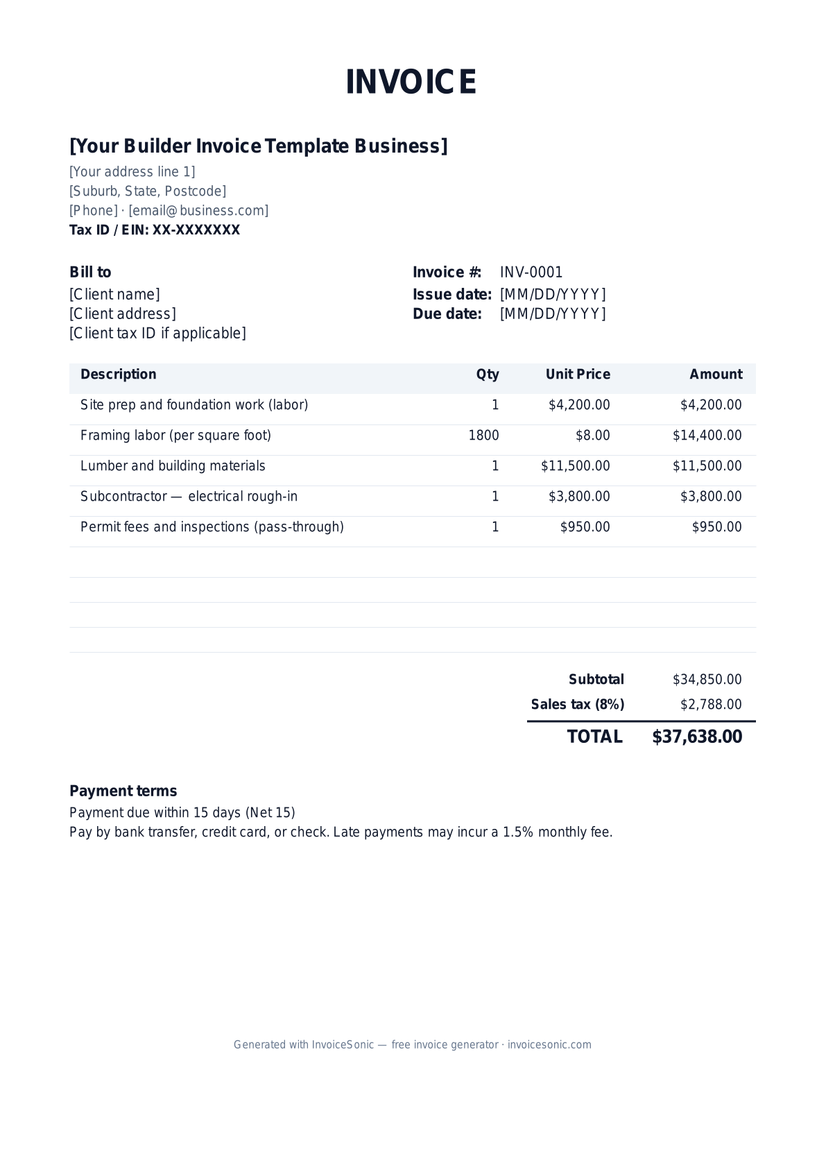 Builder Invoice Template invoice template preview — free editable Word, Excel and PDF