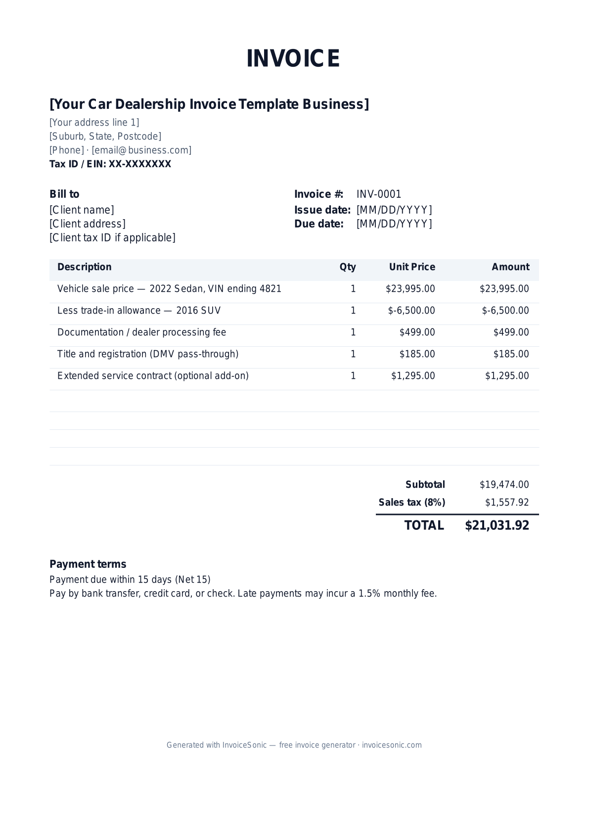 Car Dealership Invoice Template invoice template preview — free editable Word, Excel and PDF