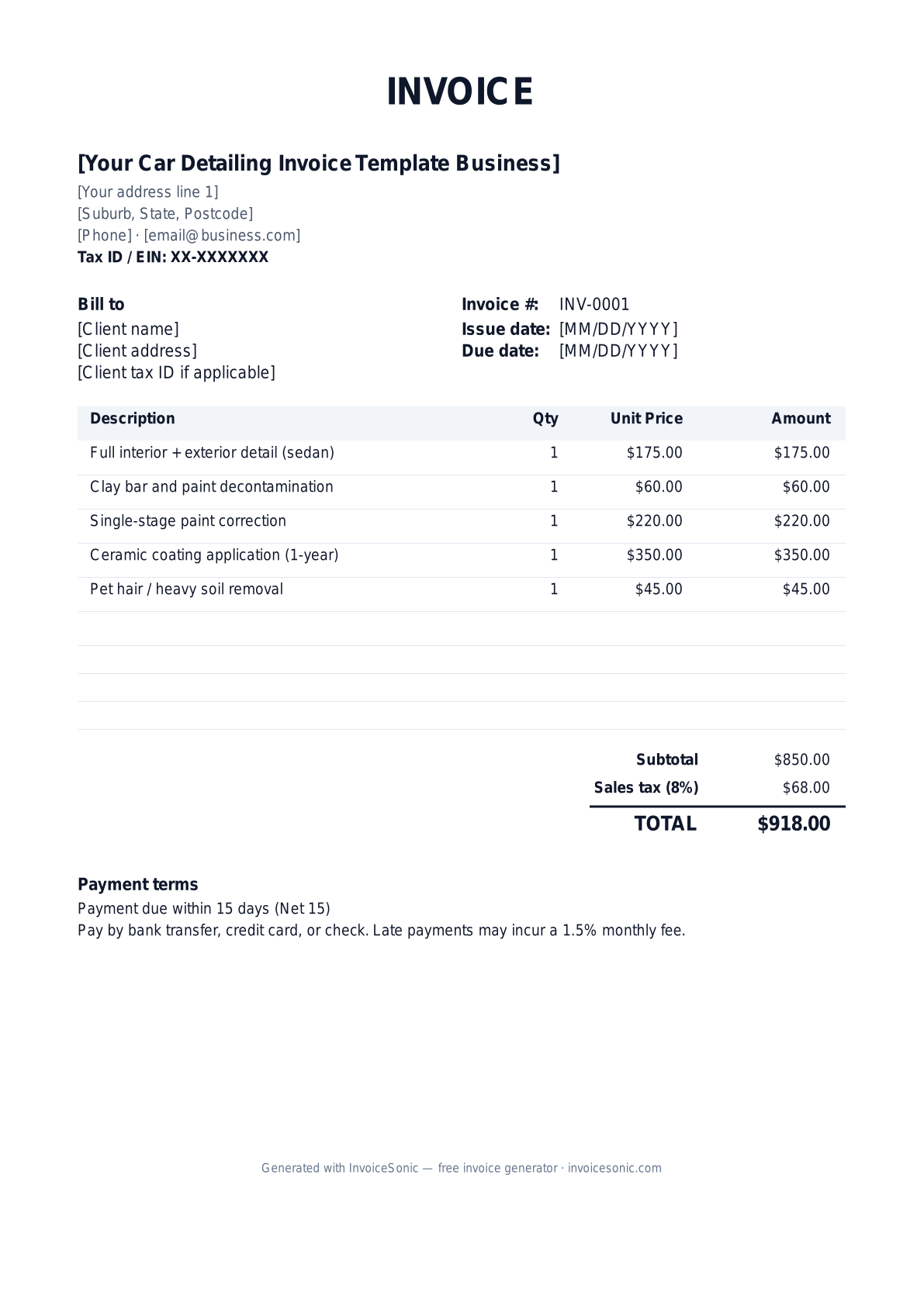 Car Detailing Invoice Template invoice template preview — free editable Word, Excel and PDF