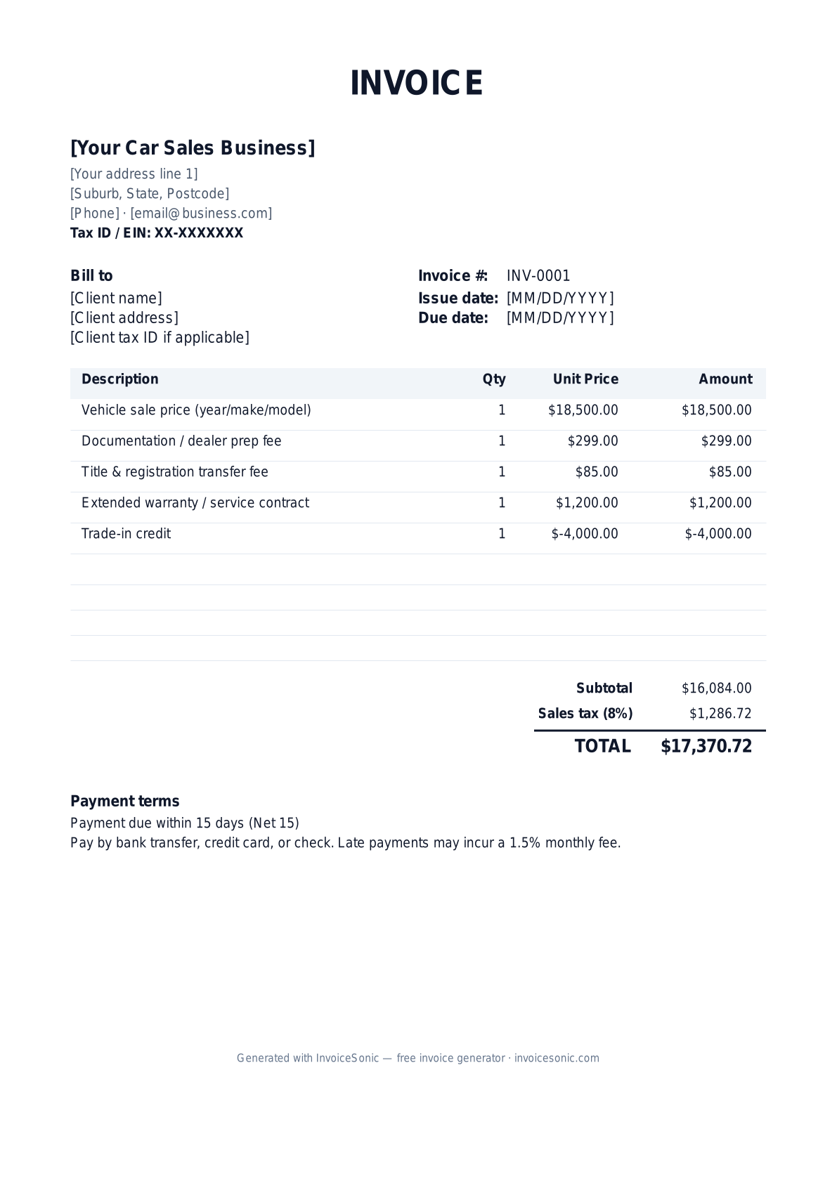 Car Sales invoice template preview — free editable Word, Excel and PDF