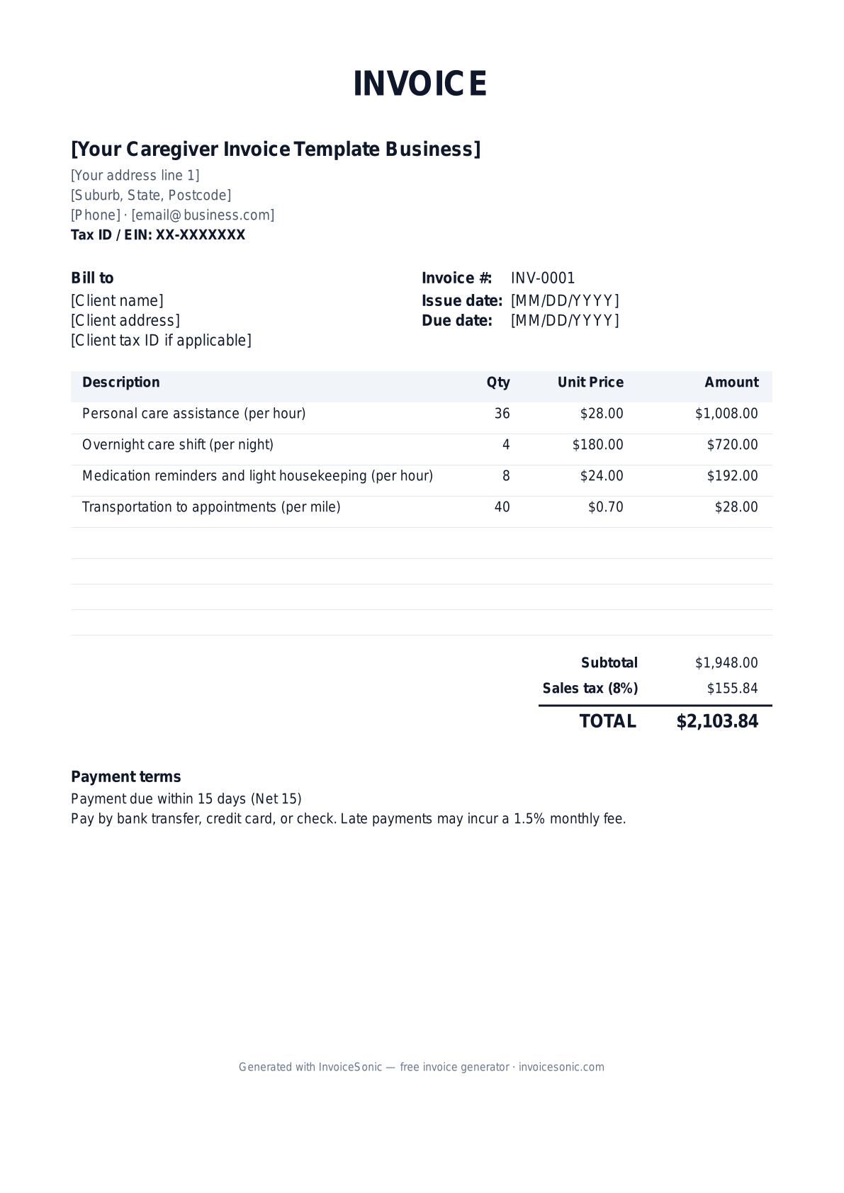 Caregiver Invoice Template invoice template preview — free editable Word, Excel and PDF