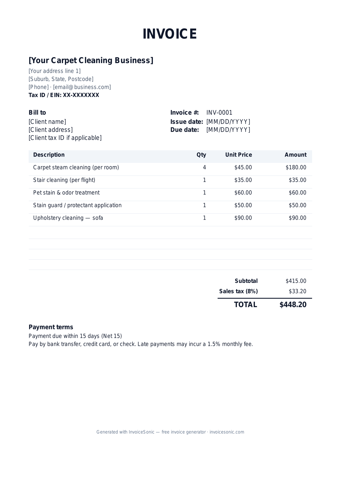 Carpet Cleaning invoice template preview — free editable Word, Excel and PDF