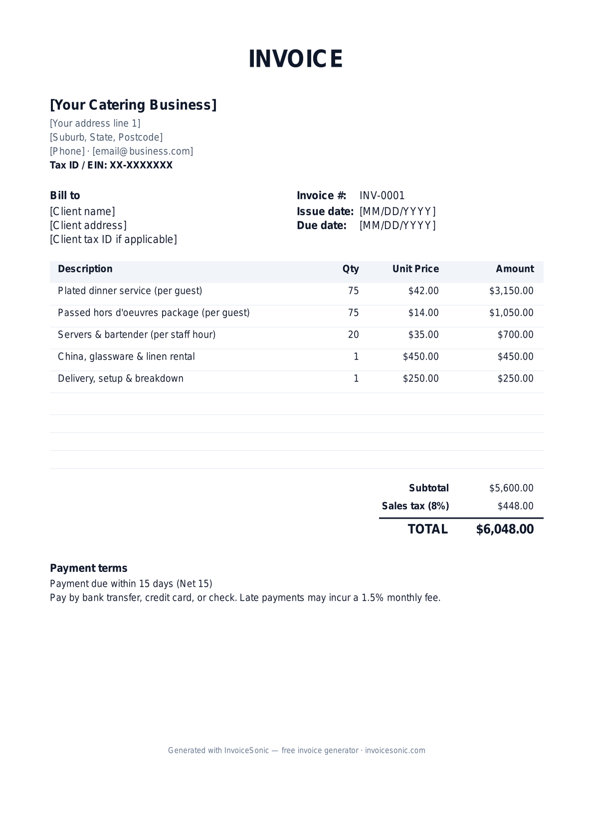 Catering invoice template preview — free editable Word, Excel and PDF