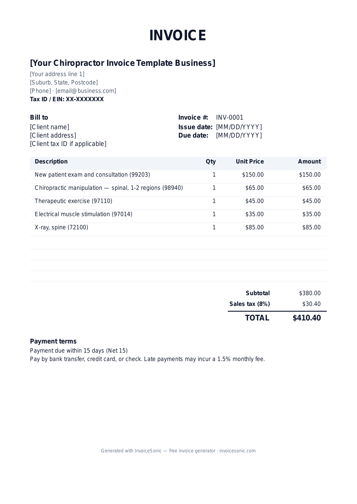 Chiropractor Invoice Template invoice template preview — free editable Word, Excel and PDF