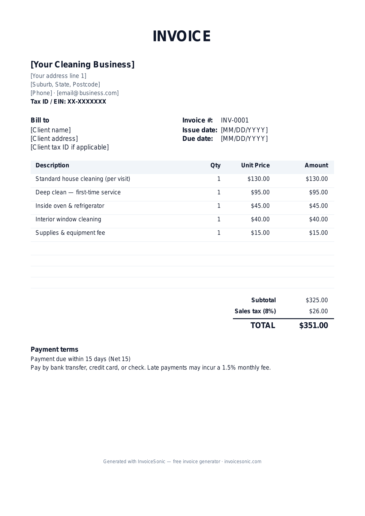 Cleaning invoice template preview — free editable Word, Excel and PDF