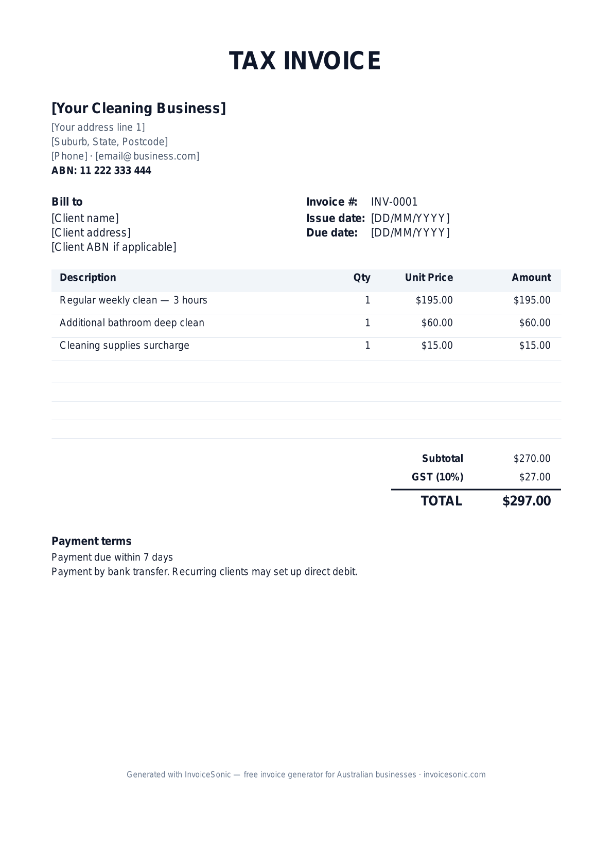 Cleaning Services invoice template preview — editable Word, Excel and PDF tax invoice