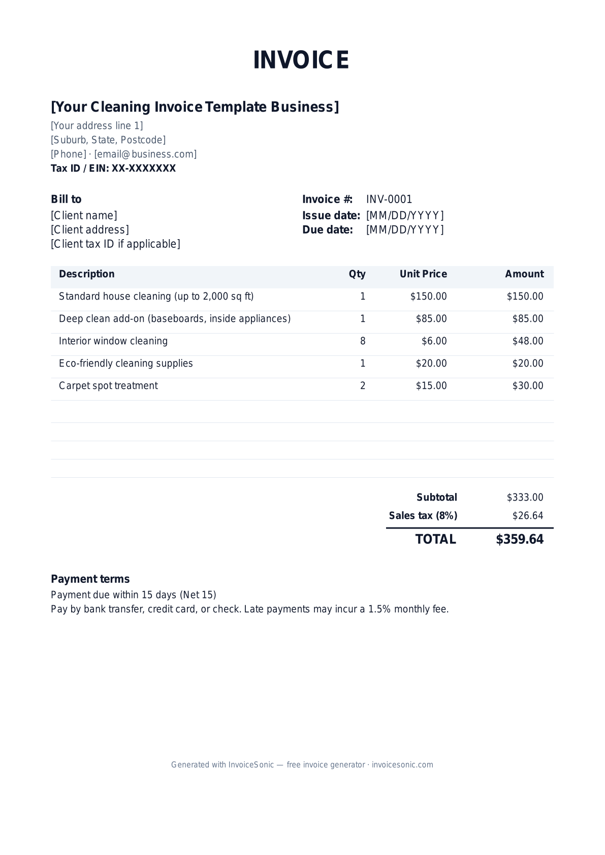 Cleaning Invoice Template invoice template preview — free editable Word, Excel and PDF