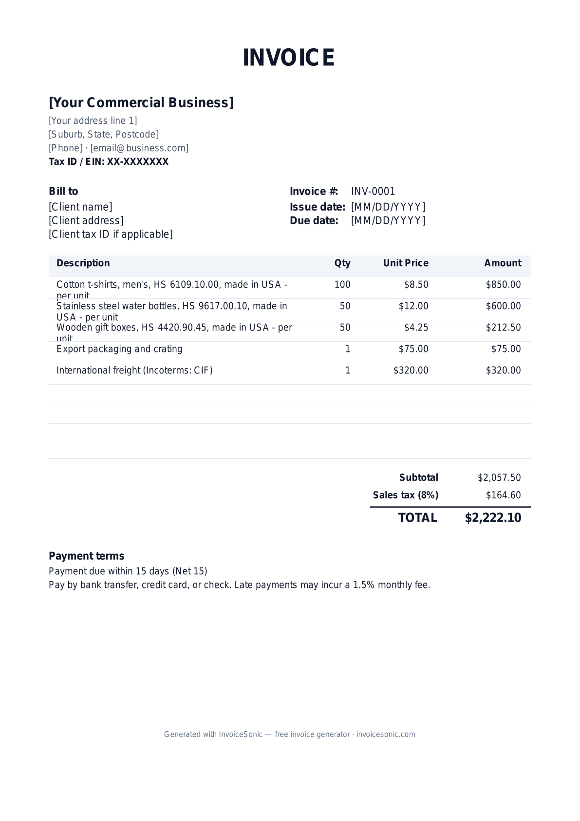 Commercial invoice template preview — free editable Word, Excel and PDF