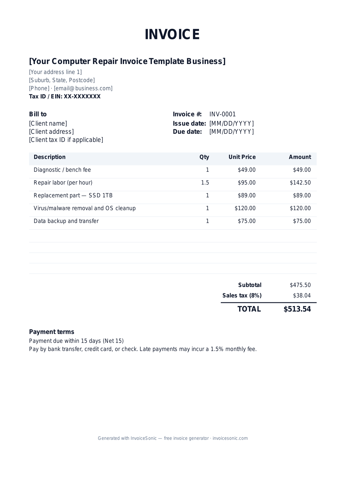 Computer Repair Invoice Template invoice template preview — free editable Word, Excel and PDF