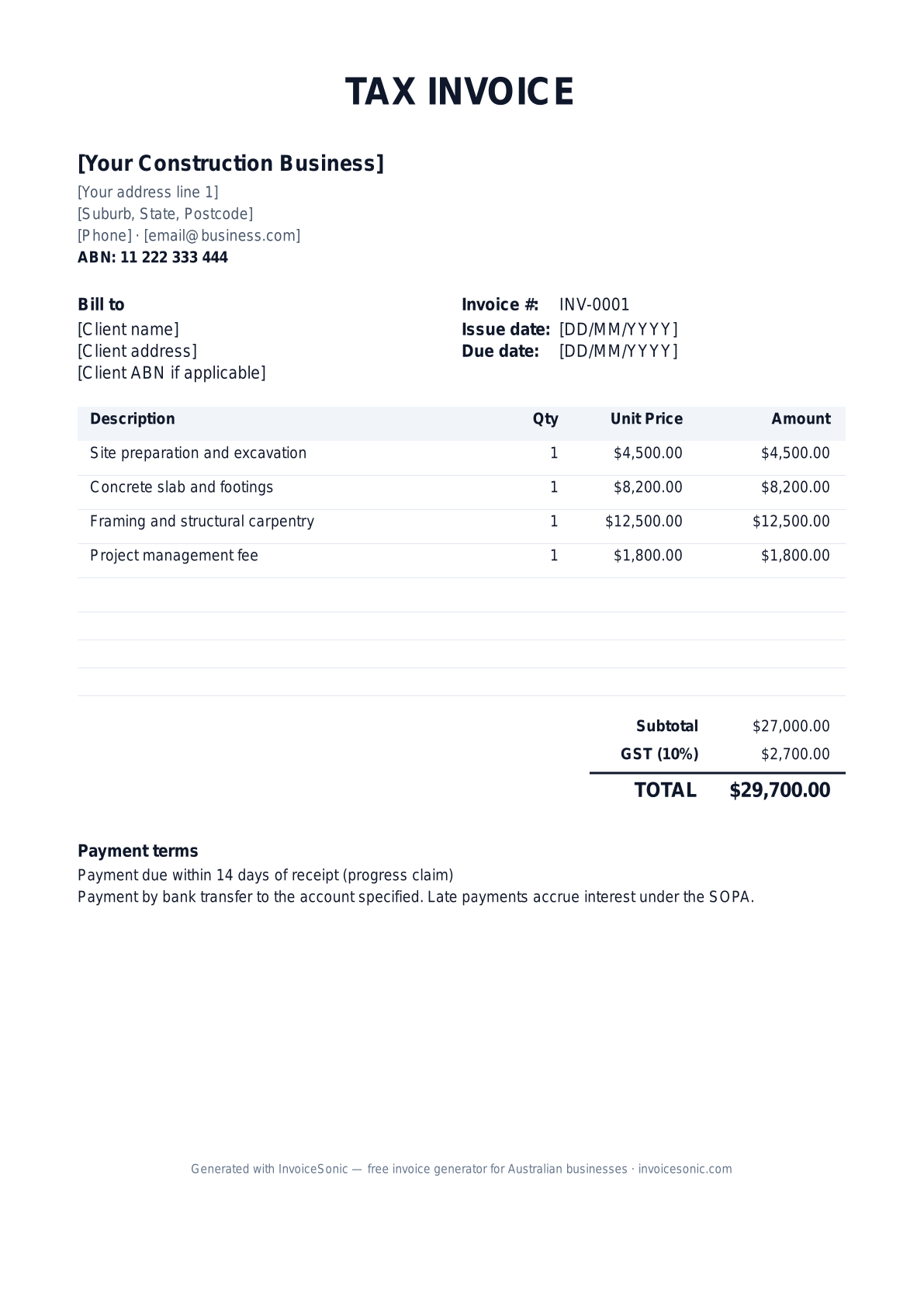 Construction invoice template preview — editable Word, Excel and PDF tax invoice