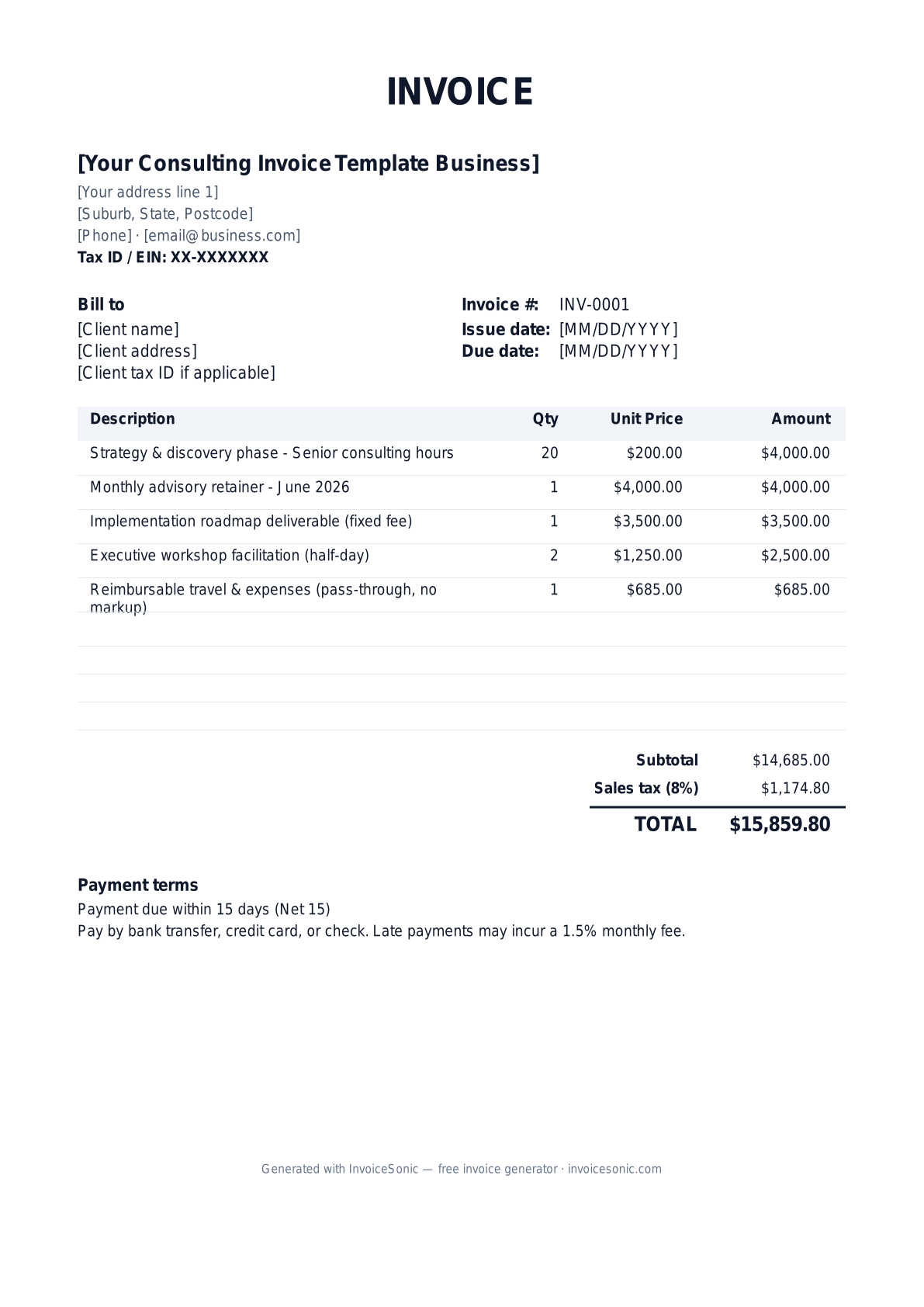 Consulting Invoice Template invoice template preview — free editable Word, Excel and PDF