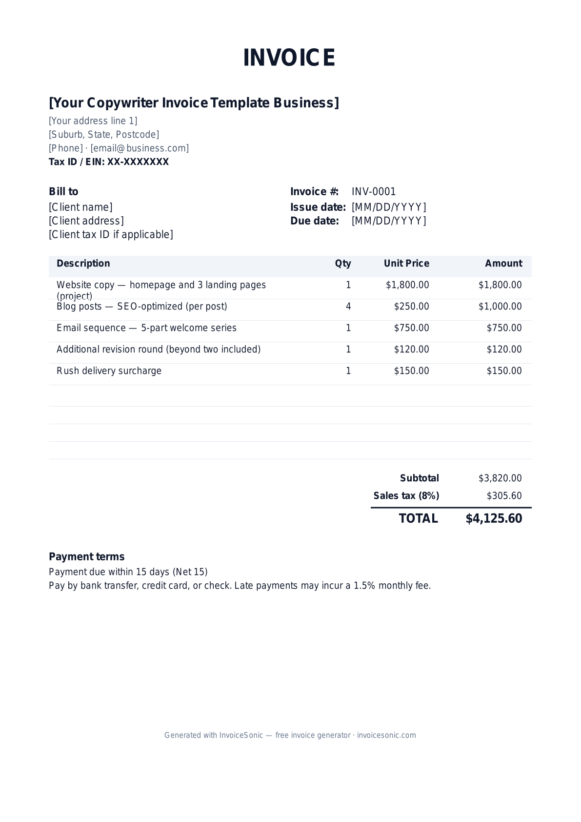 Free Copywriter Invoice Template Invoice Template — Word, Excel, PDF ...