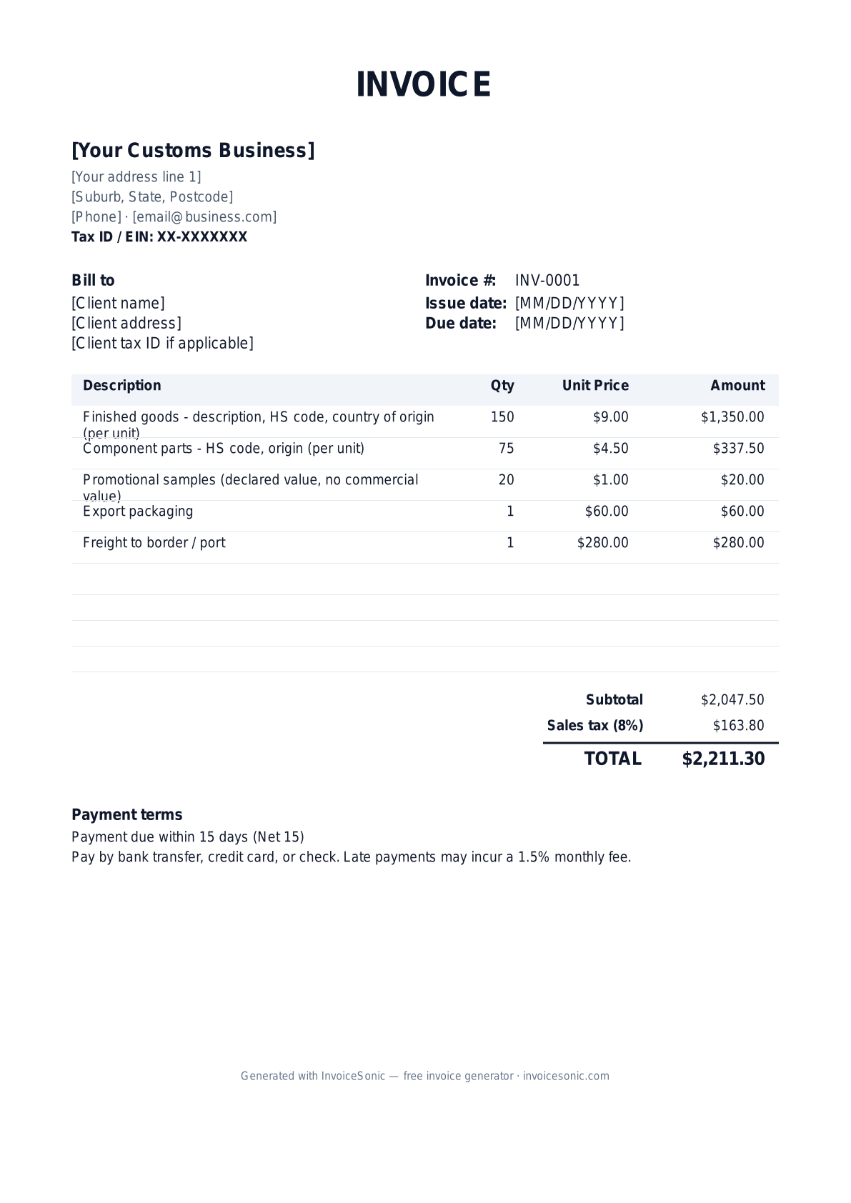 Customs invoice template preview — free editable Word, Excel and PDF