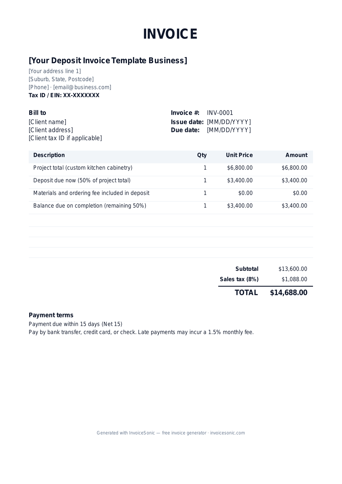 Deposit Invoice Template invoice template preview — free editable Word, Excel and PDF