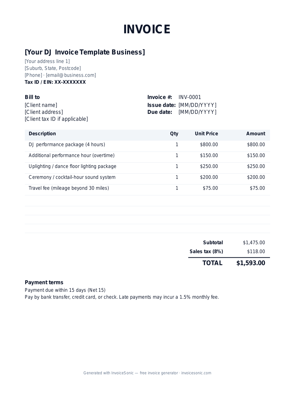 DJ Invoice Template invoice template preview — free editable Word, Excel and PDF