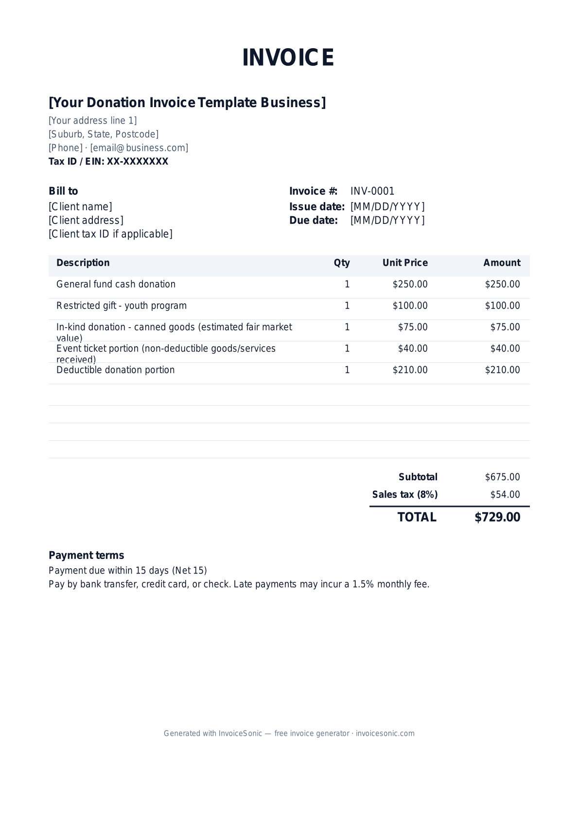Donation Invoice Template invoice template preview — free editable Word, Excel and PDF