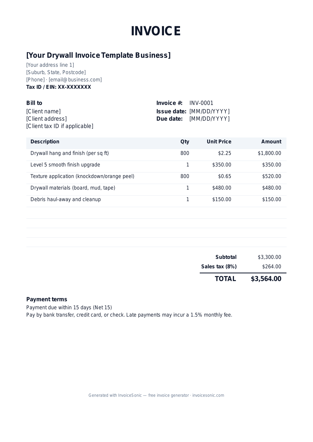Drywall Invoice Template invoice template preview — free editable Word, Excel and PDF