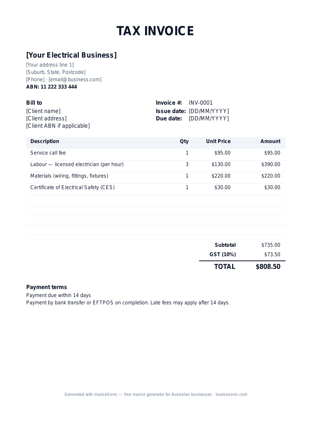 Electrician invoice template preview — free editable Word, Excel and PDF