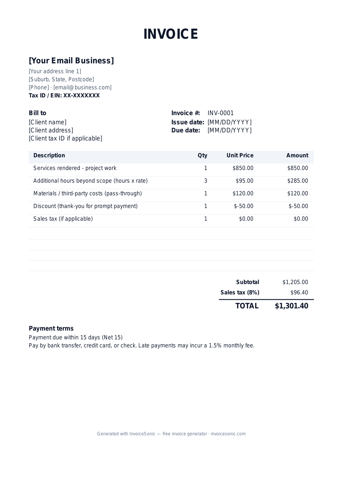 Email invoice template preview — free editable Word, Excel and PDF