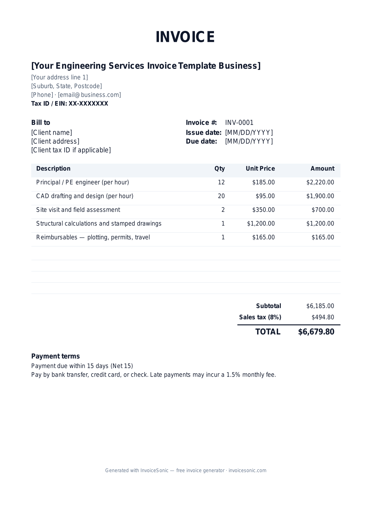Engineering Services Invoice Template invoice template preview — free editable Word, Excel and PDF