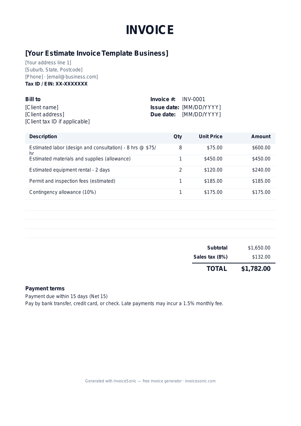Estimate Invoice Template invoice template preview — free editable Word, Excel and PDF