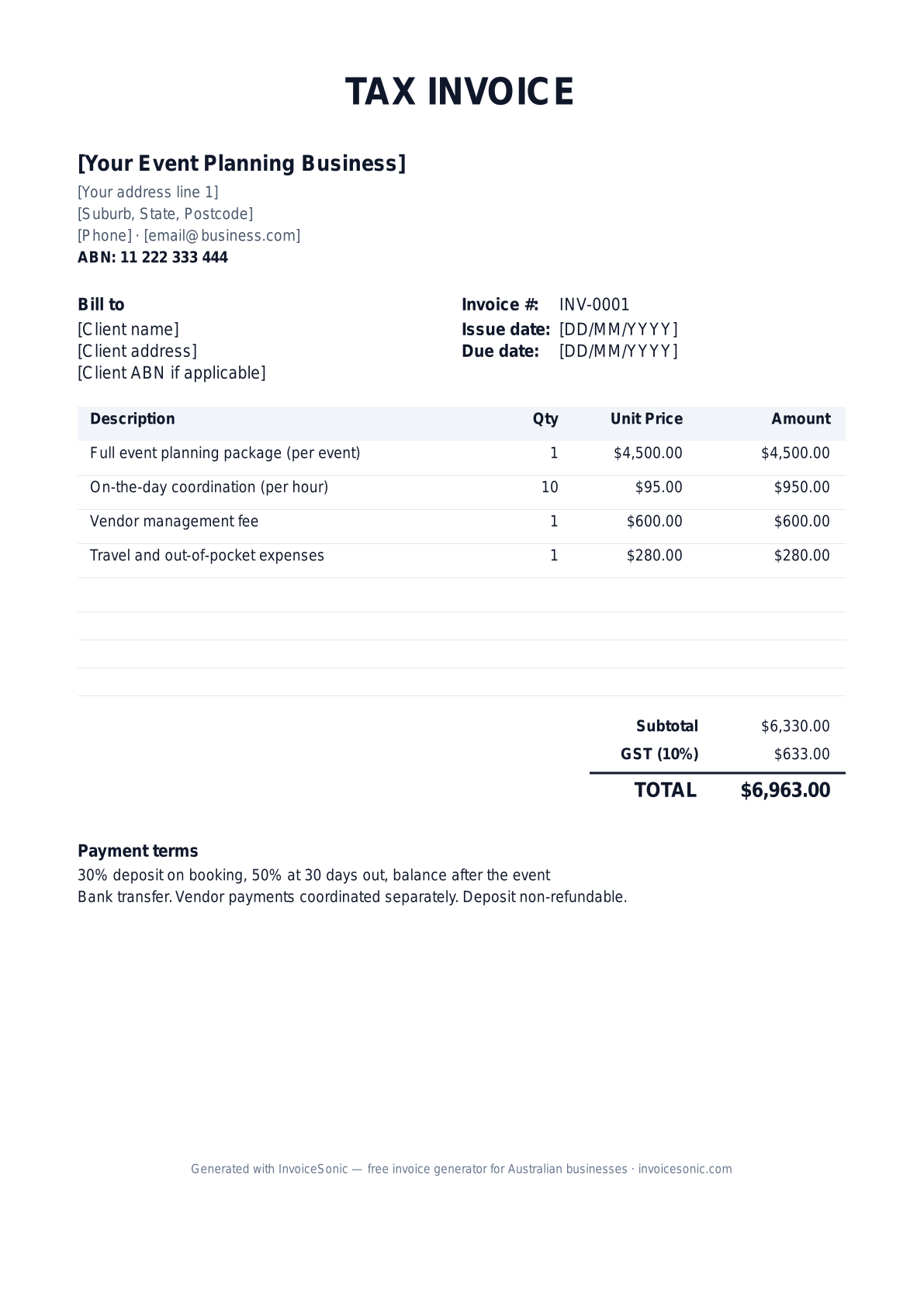 Event Planner invoice template preview — editable Word, Excel and PDF tax invoice