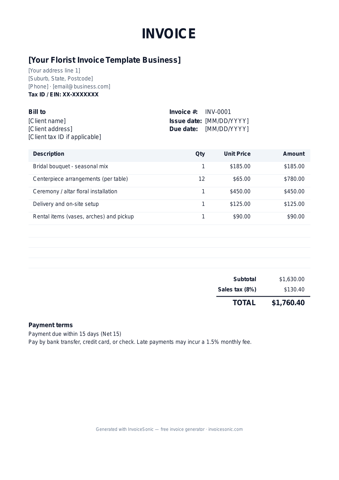 Florist Invoice Template invoice template preview — free editable Word, Excel and PDF