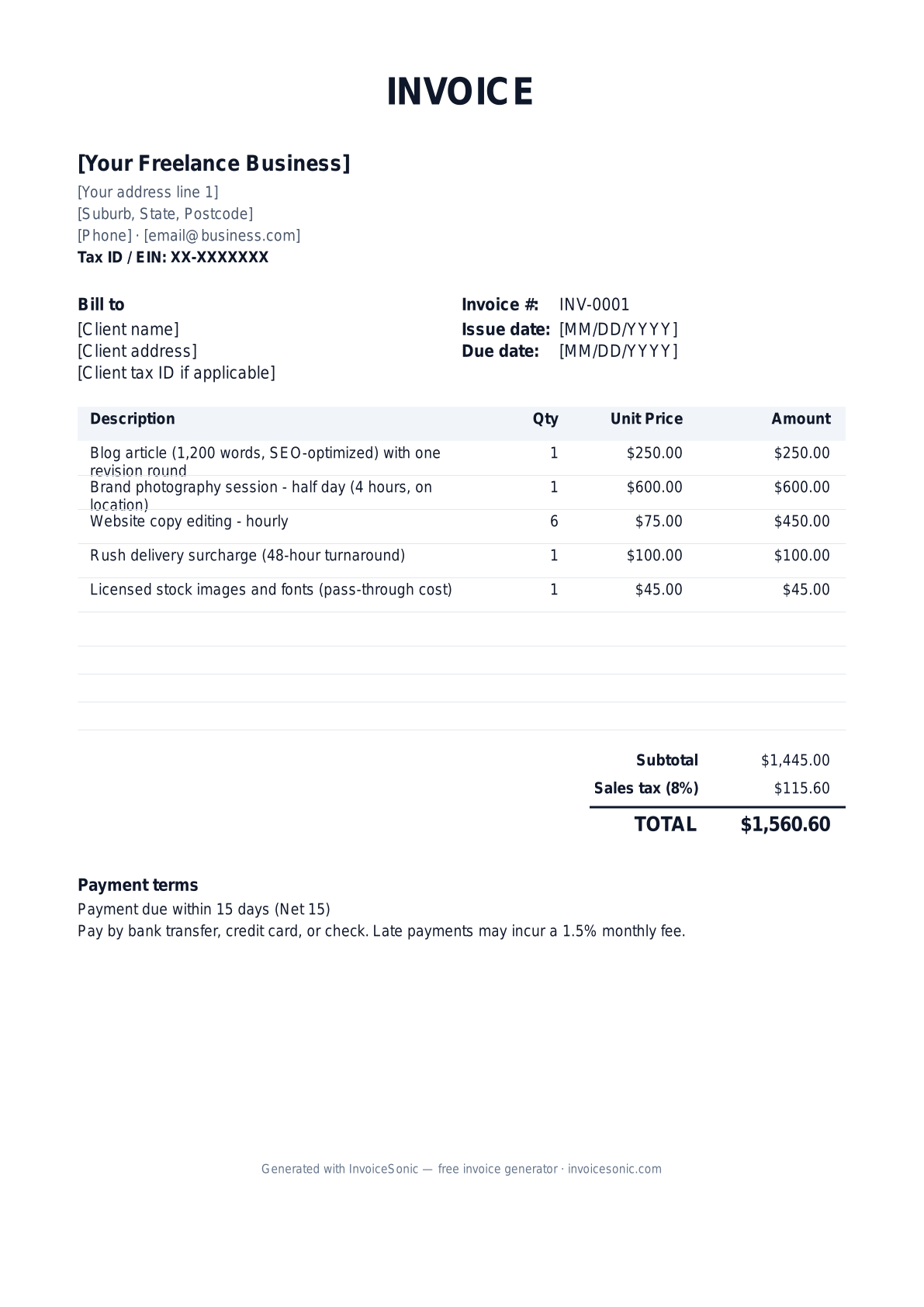 Freelance invoice template preview — free editable Word, Excel and PDF