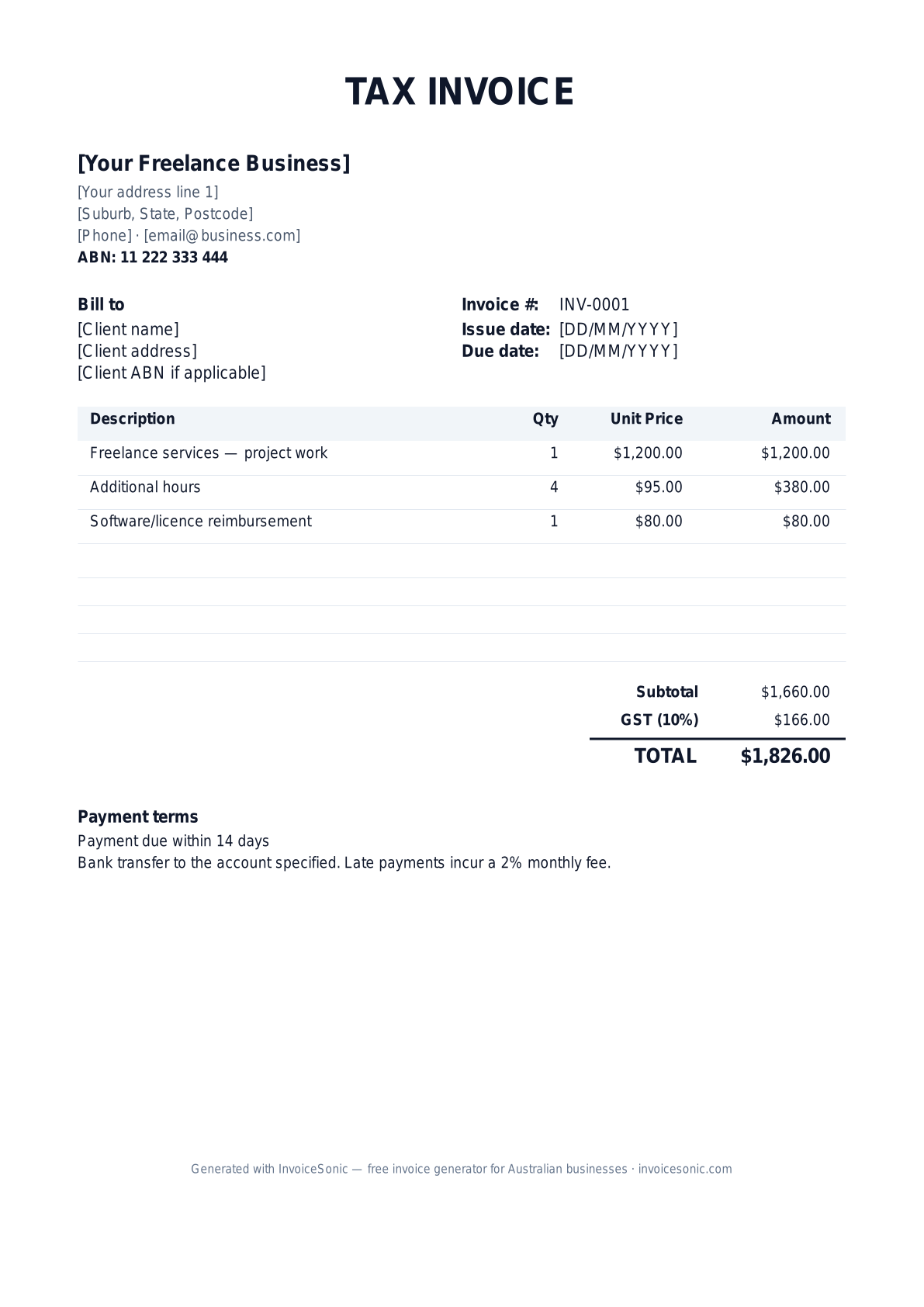 Freelancer invoice template preview — editable Word, Excel and PDF tax invoice