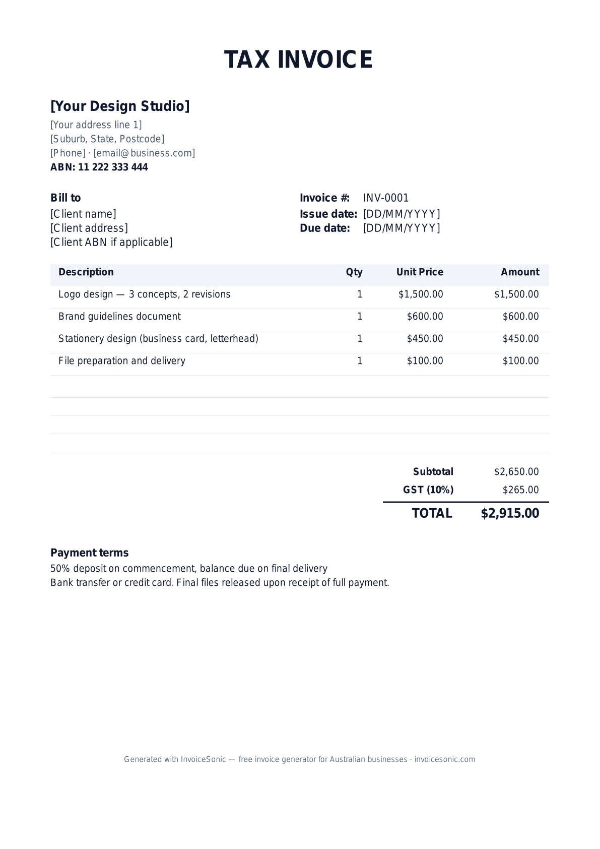 Graphic Designer invoice template preview — editable Word, Excel and PDF tax invoice