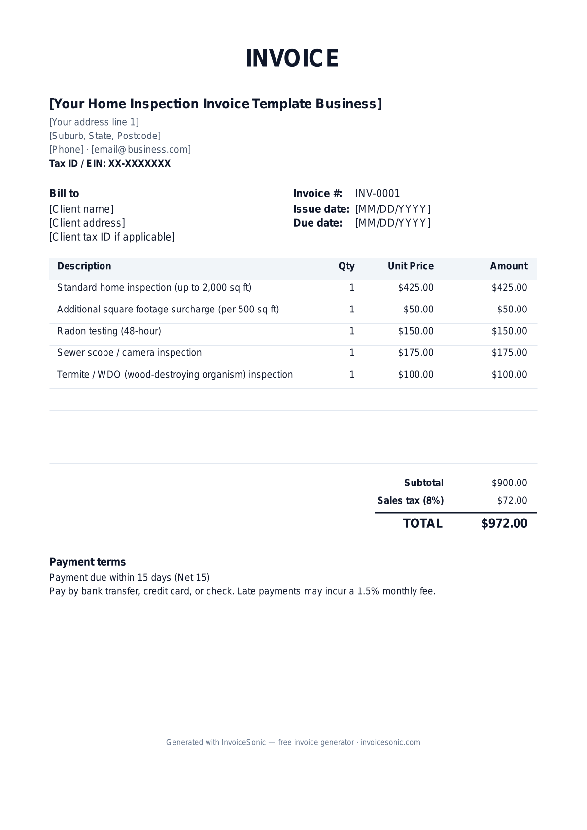 Home Inspection Invoice Template invoice template preview — free editable Word, Excel and PDF