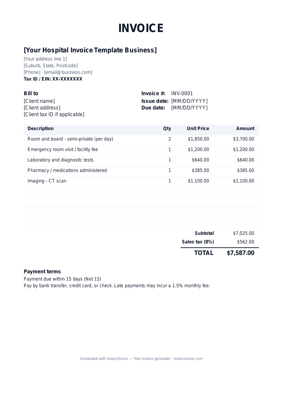 Hospital Invoice Template invoice template preview — free editable Word, Excel and PDF
