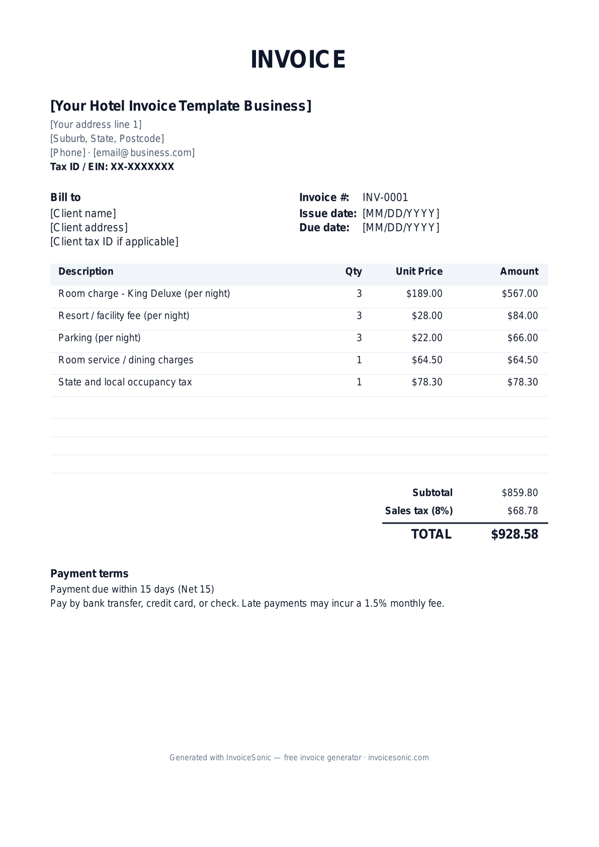 Hotel Invoice Template invoice template preview — free editable Word, Excel and PDF