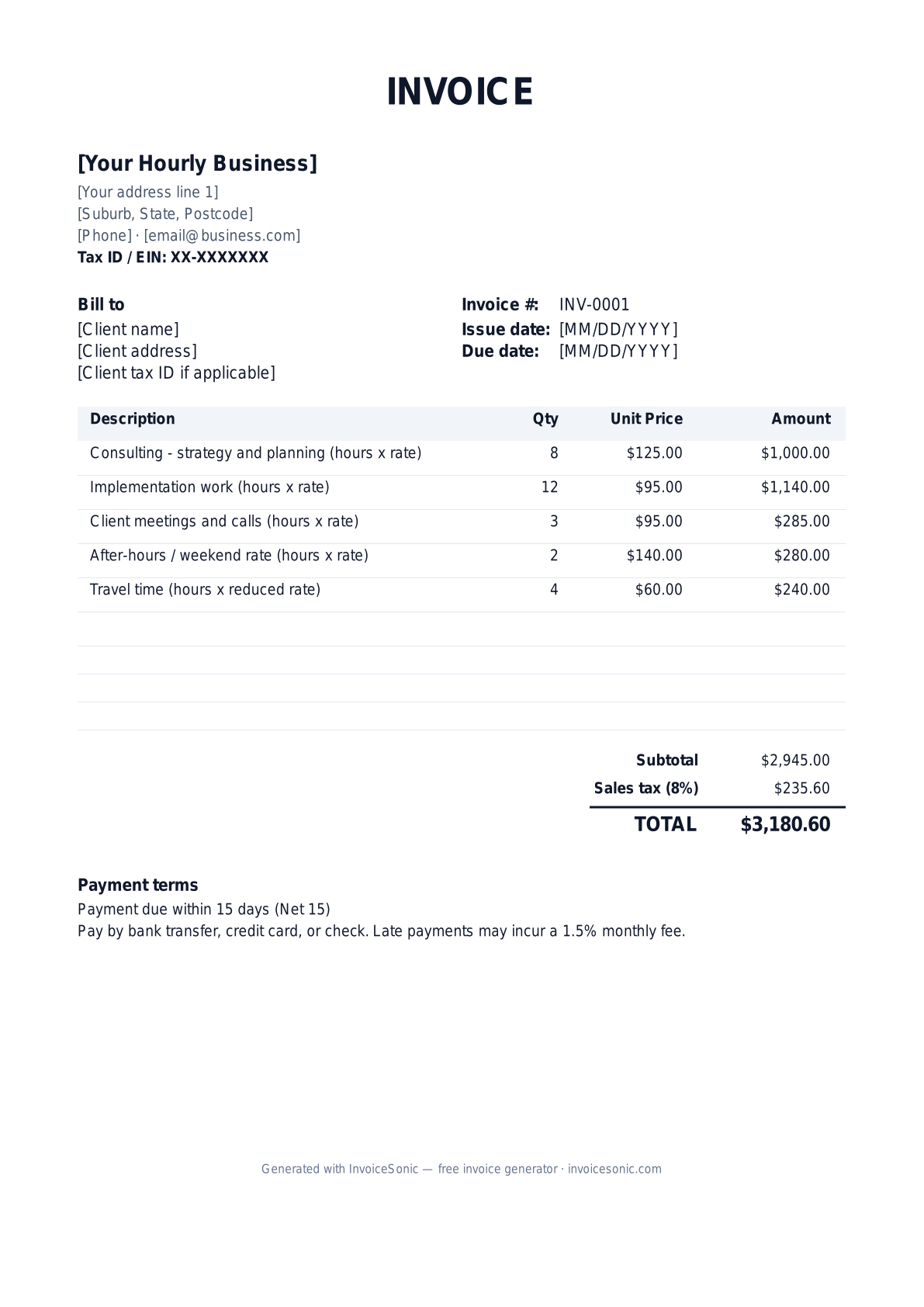 Hourly invoice template preview — free editable Word, Excel and PDF